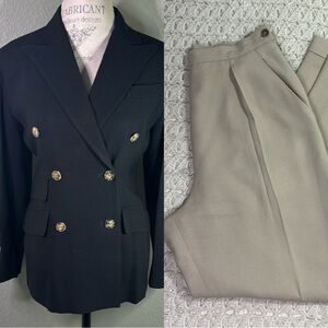 Evan Picone Double Breasted Black Blazer with Tan Pleated Pant.